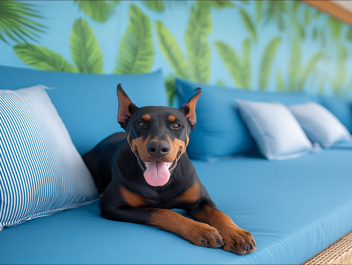 doberman pup on a blue sofa